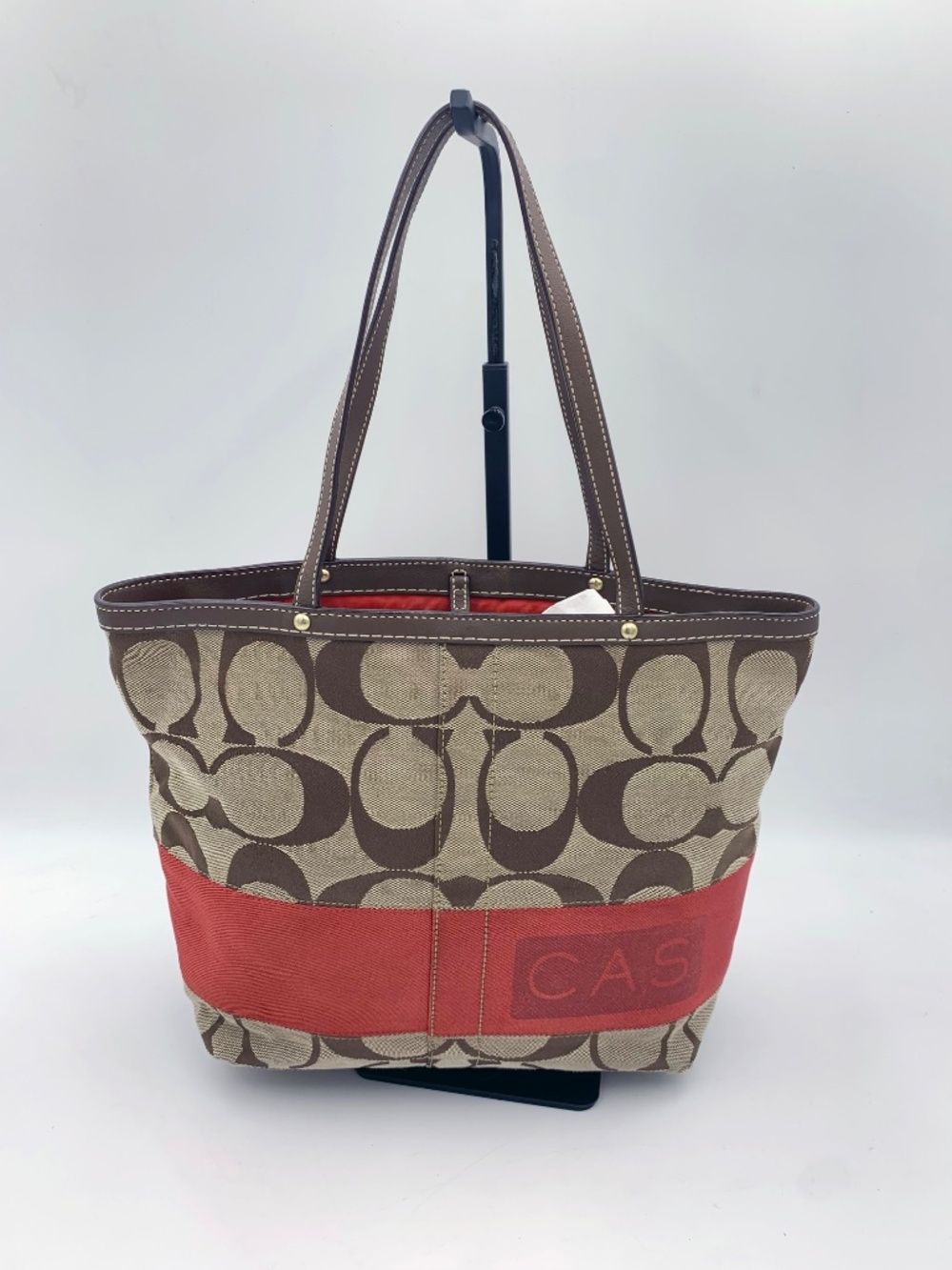 Coach Brown, Tan, Orange/Red Strip Signature C Shoulder Tote